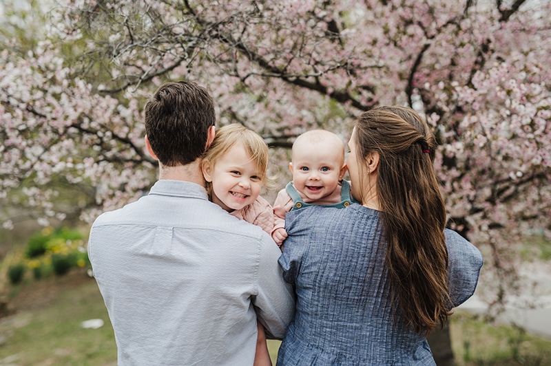 family of four tickles and snuggles young girls in front of cherry blossoms
