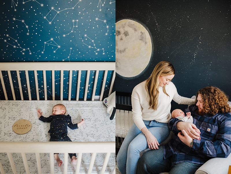 two in-home newborn photos taken in nurseries with outer space themed accent walls