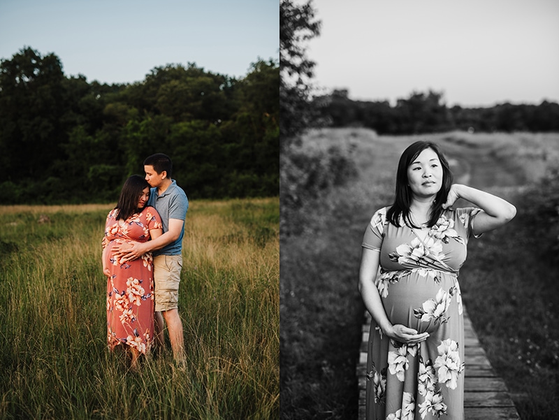 mom-to-be poses with her husband during couple's maternity session outside of Boston